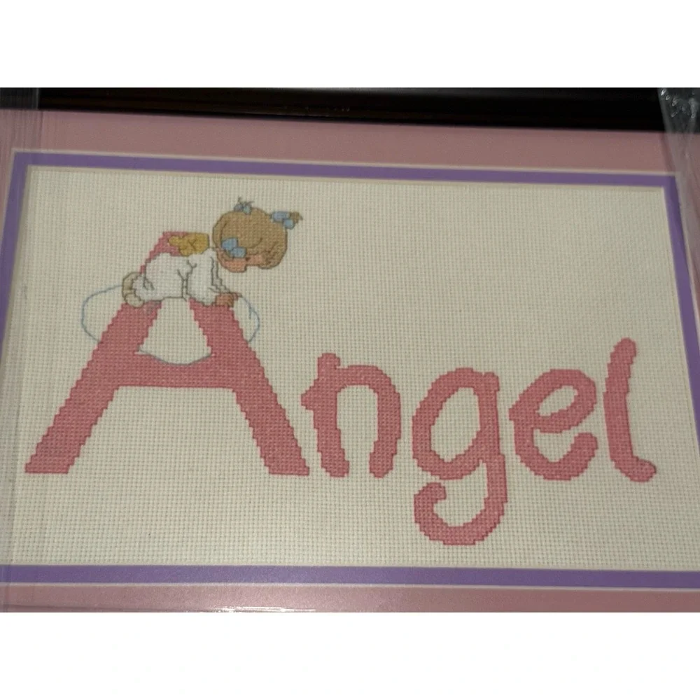 Needlepoint Angel Wall Art Framed Plaque Hanging Handmade Cross-stitch Pink